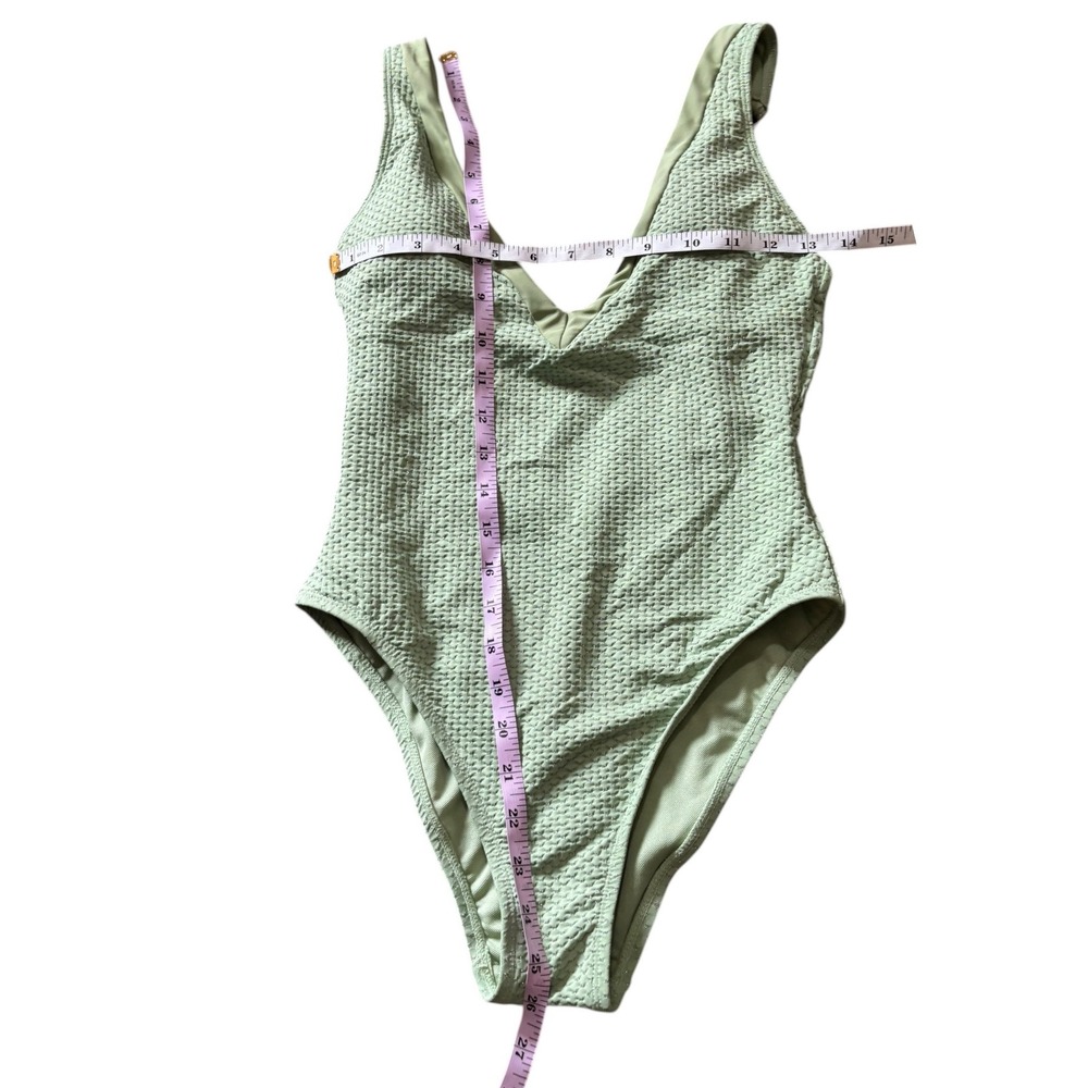 Sanctuary Swim Sashay Plunge One Piece Swimsuit Sage Green Metallic Textured S - Picture 8 of 13